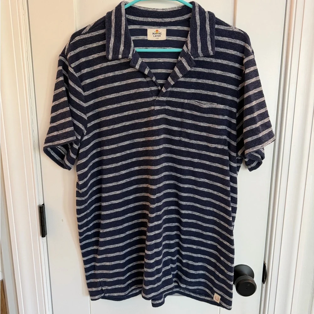 Marine Layer Terry Navy and White Striped Polo Shirt - Picture 1 of 5